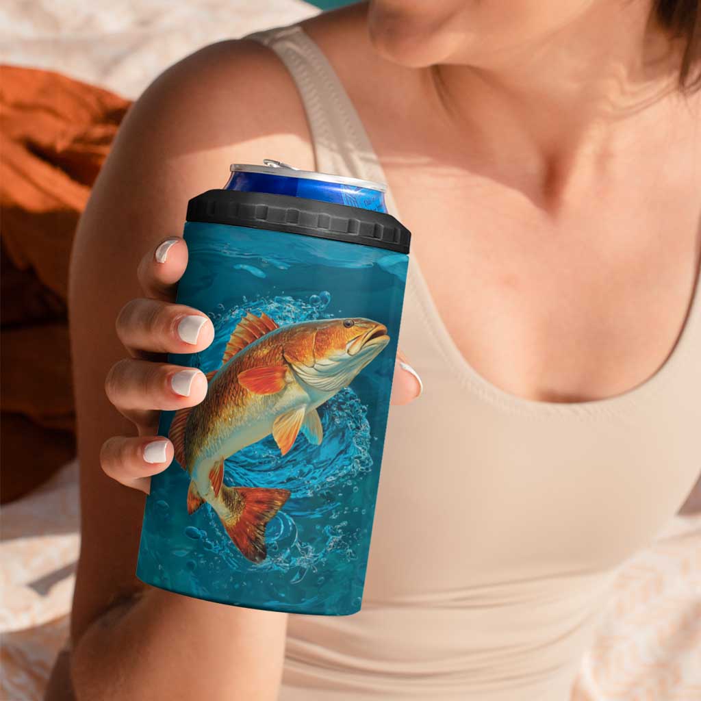 Personalized Redfish Puppy Drum Leaping in Ocean Splash 4 in 1 Can Cooler Tumbler Blue Lightning Water Background Design - Wonder Print Shop