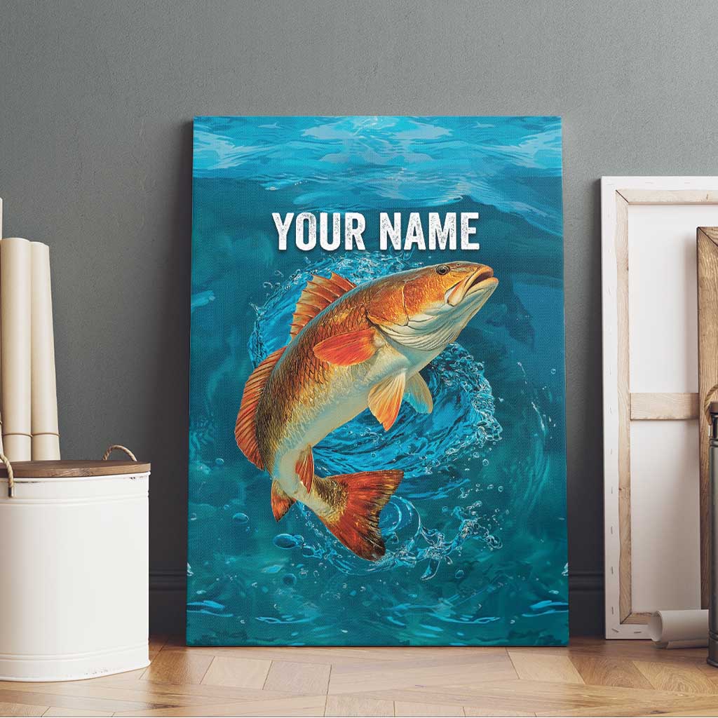 Personalized Redfish Puppy Drum Leaping in Ocean Splash Canvas Wall Art Blue Lightning Water Background Design - Wonder Print Shop