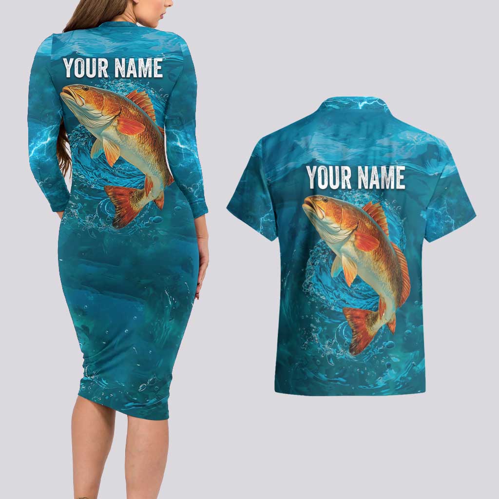 Personalized Redfish Puppy Drum Leaping in Ocean Splash Couples Matching Long Sleeve Bodycon Dress and Hawaiian Shirt Blue Lightning Water Background Design - Wonder Print Shop