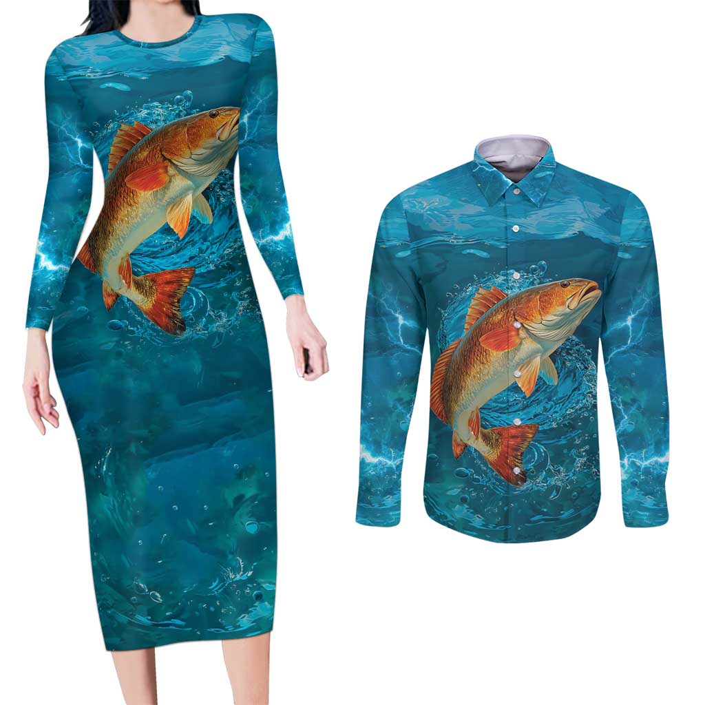 Personalized Redfish Puppy Drum Leaping in Ocean Splash Couples Matching Long Sleeve Bodycon Dress and Long Sleeve Button Shirt Blue Lightning Water Background Design - Wonder Print Shop