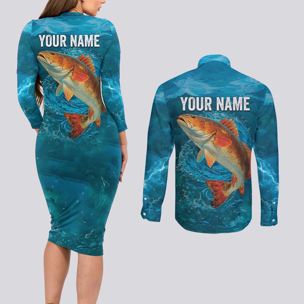 Personalized Redfish Puppy Drum Leaping in Ocean Splash Couples Matching Long Sleeve Bodycon Dress and Long Sleeve Button Shirt Blue Lightning Water Background Design - Wonder Print Shop