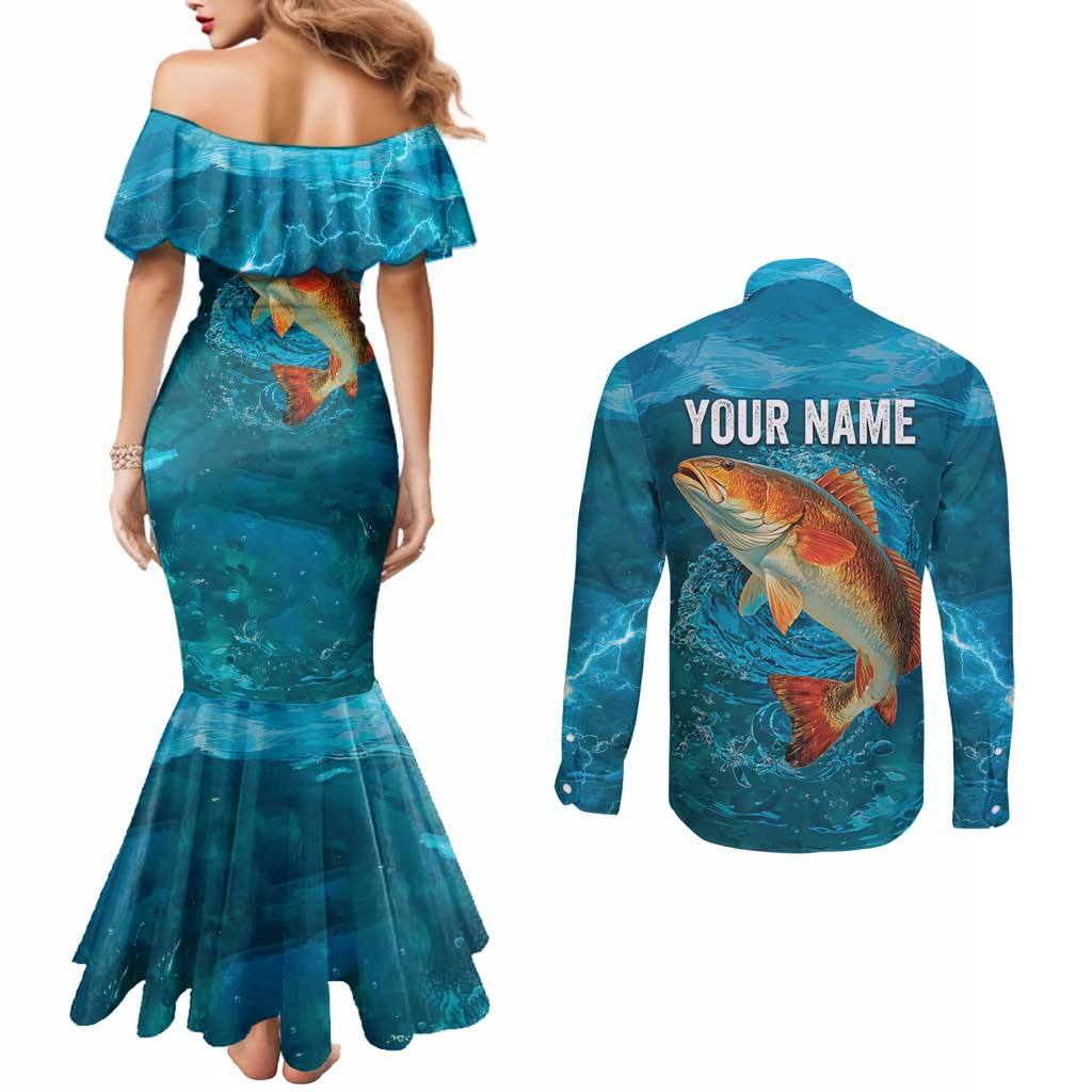 Personalized Redfish Puppy Drum Leaping in Ocean Splash Couples Matching Mermaid Dress and Long Sleeve Button Shirt Blue Lightning Water Background Design - Wonder Print Shop
