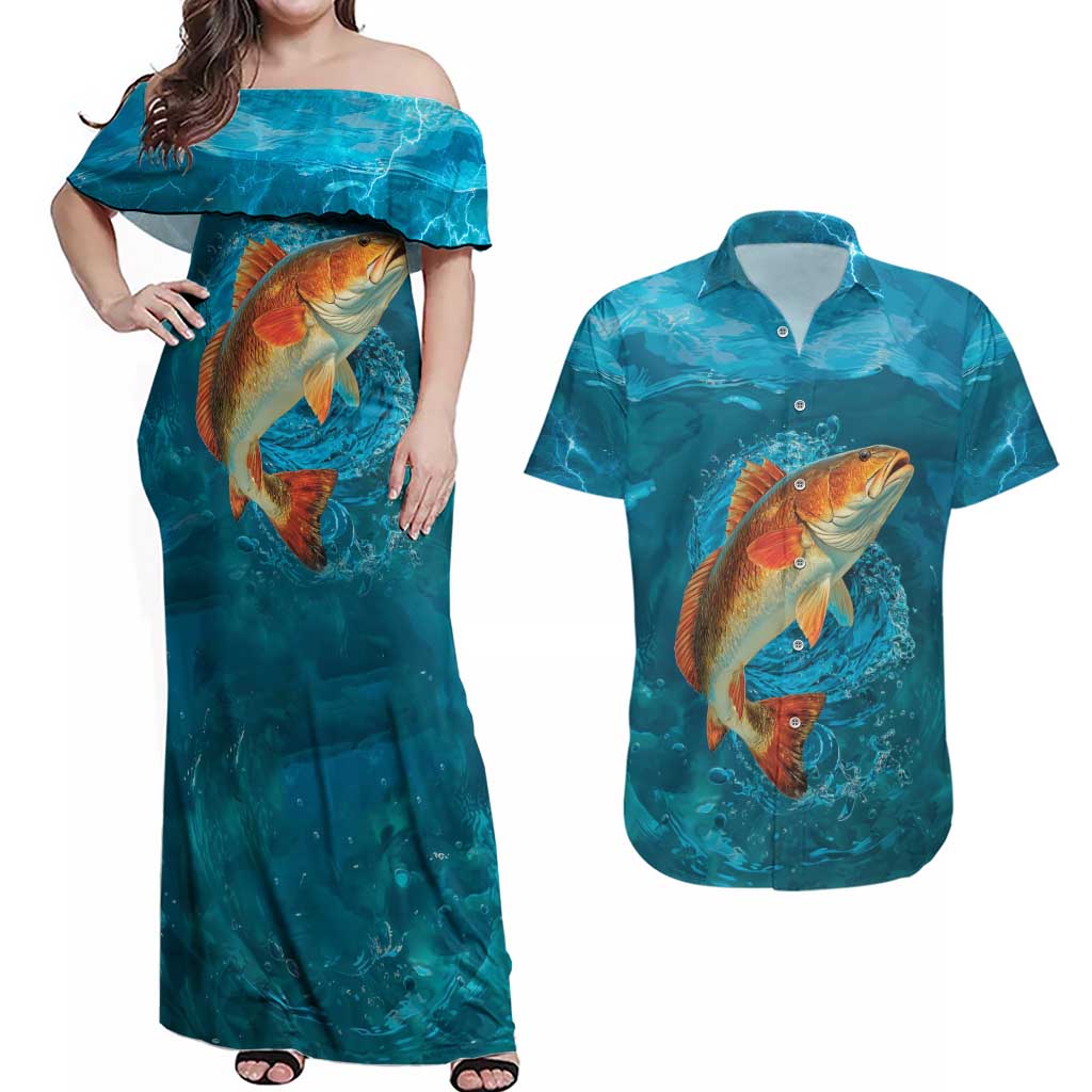 Personalized Redfish Puppy Drum Leaping in Ocean Splash Couples Matching Off Shoulder Maxi Dress and Hawaiian Shirt Blue Lightning Water Background Design - Wonder Print Shop