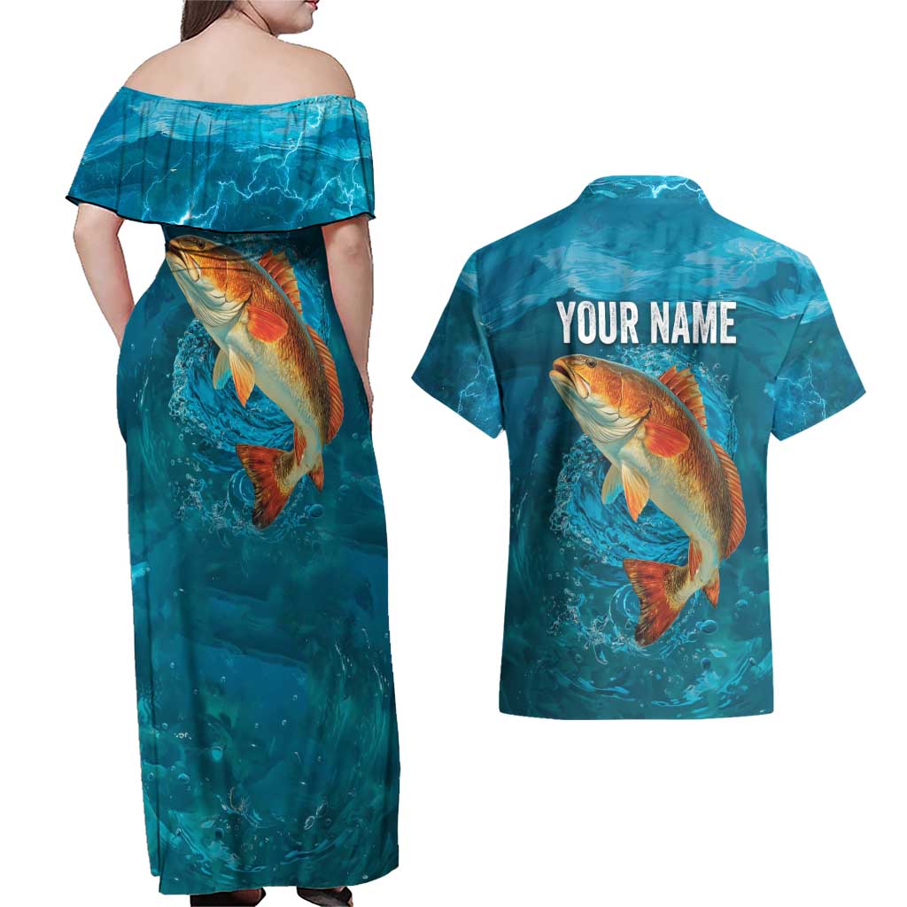 Personalized Redfish Puppy Drum Leaping in Ocean Splash Couples Matching Off Shoulder Maxi Dress and Hawaiian Shirt Blue Lightning Water Background Design - Wonder Print Shop
