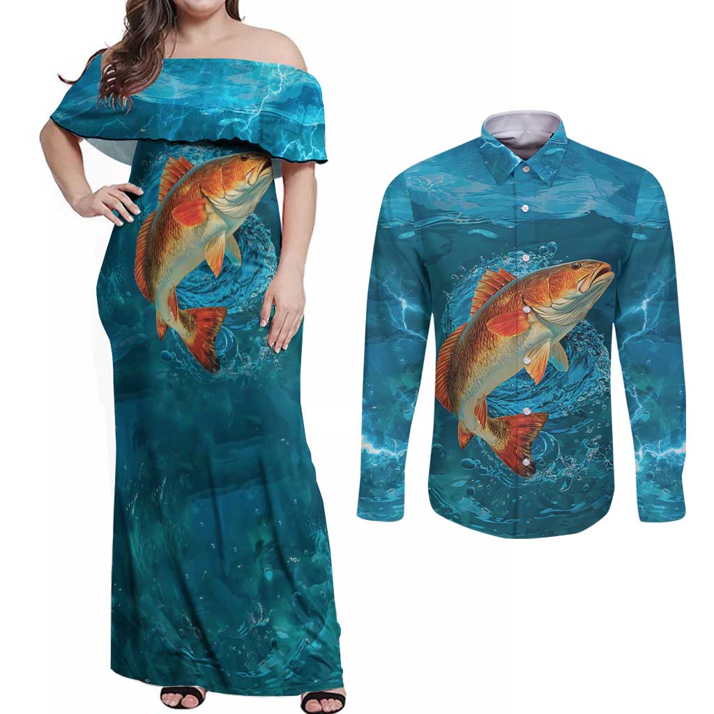 Personalized Redfish Puppy Drum Leaping in Ocean Splash Couples Matching Off Shoulder Maxi Dress and Long Sleeve Button Shirt Blue Lightning Water Background Design - Wonder Print Shop