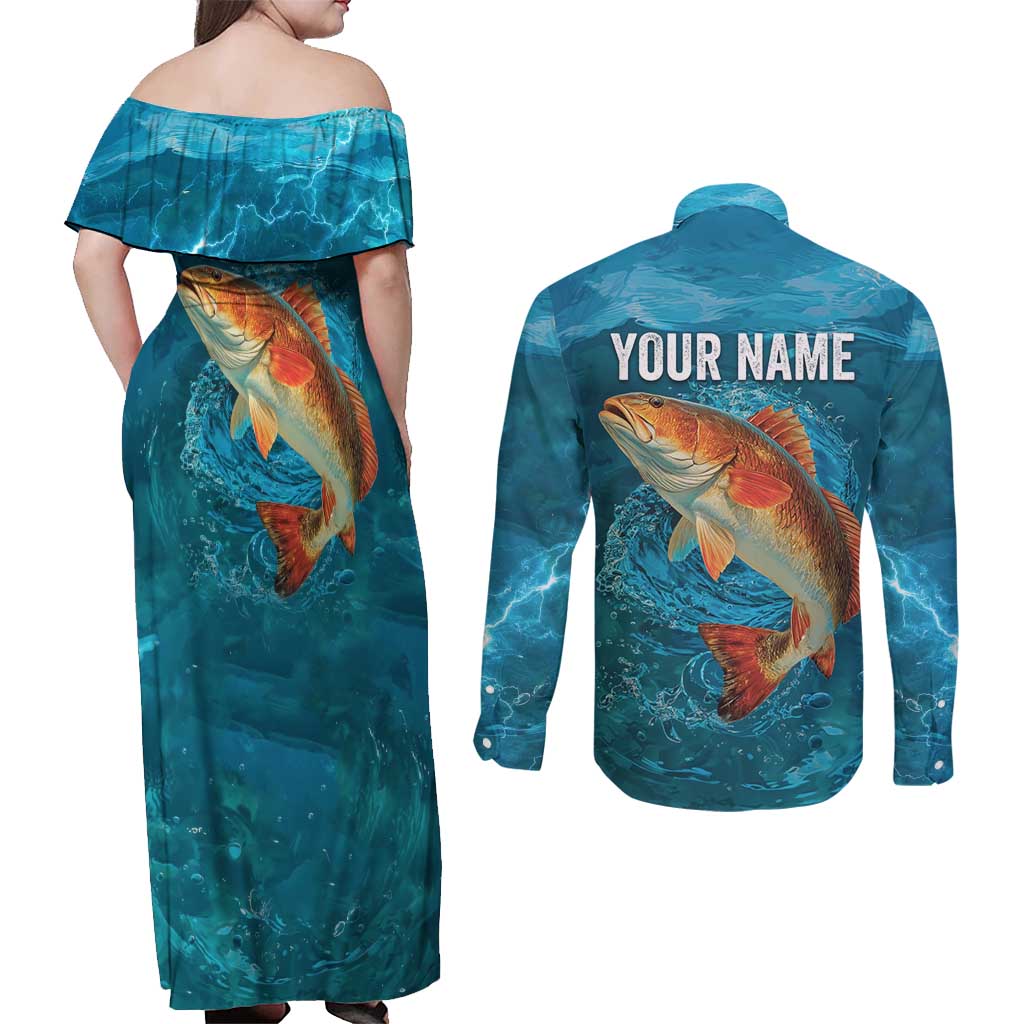 Personalized Redfish Puppy Drum Leaping in Ocean Splash Couples Matching Off Shoulder Maxi Dress and Long Sleeve Button Shirt Blue Lightning Water Background Design - Wonder Print Shop