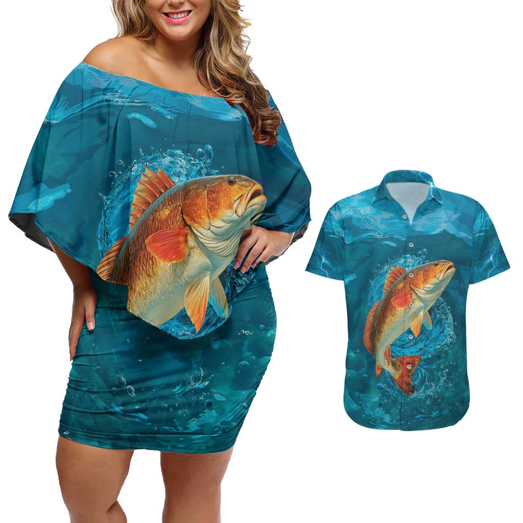 Personalized Redfish Puppy Drum Leaping in Ocean Splash Couples Matching Off Shoulder Short Dress and Hawaiian Shirt Blue Lightning Water Background Design - Wonder Print Shop