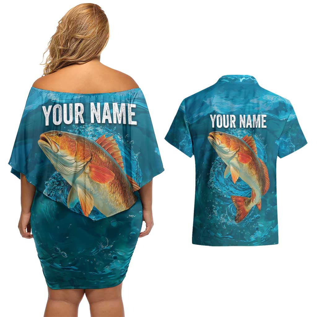 Personalized Redfish Puppy Drum Leaping in Ocean Splash Couples Matching Off Shoulder Short Dress and Hawaiian Shirt Blue Lightning Water Background Design - Wonder Print Shop