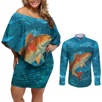 Personalized Redfish Puppy Drum Leaping in Ocean Splash Couples Matching Off Shoulder Short Dress and Long Sleeve Button Shirt Blue Lightning Water Background Design - Wonder Print Shop