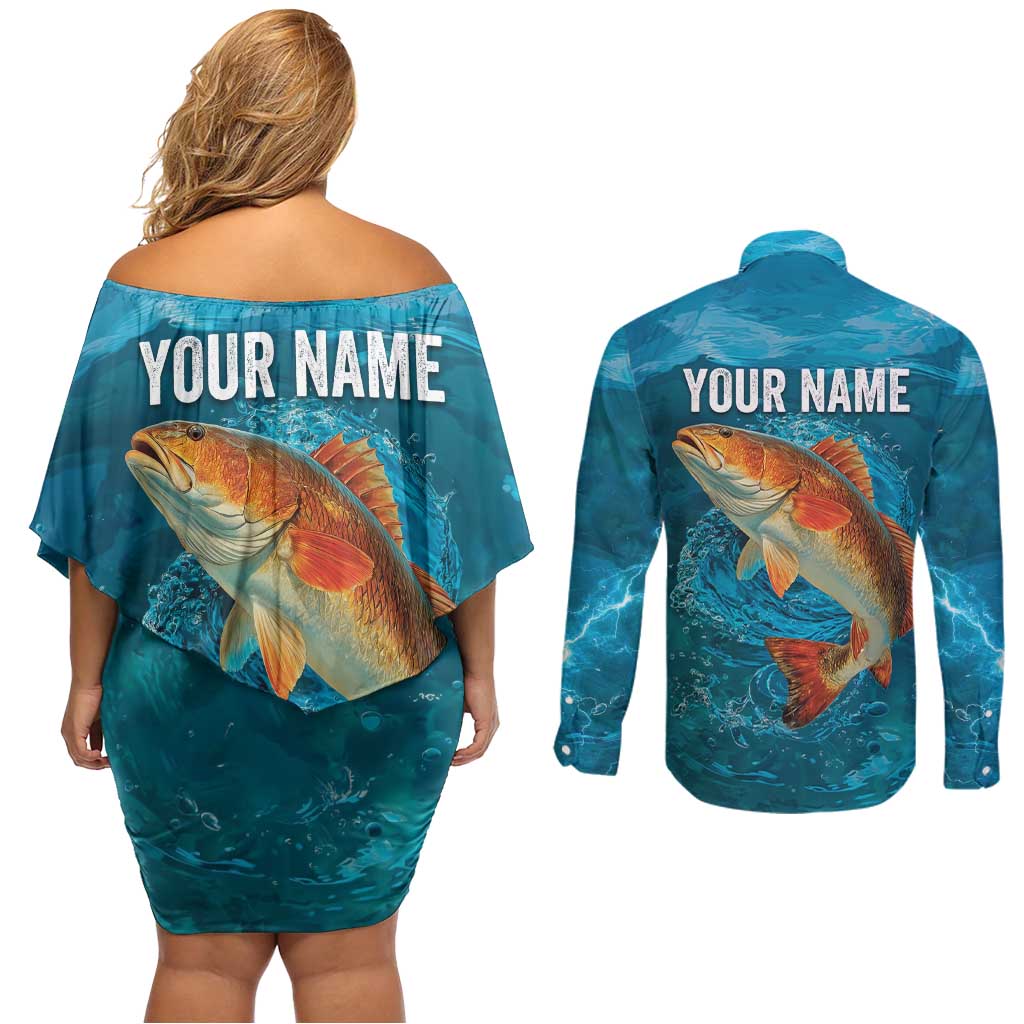 Personalized Redfish Puppy Drum Leaping in Ocean Splash Couples Matching Off Shoulder Short Dress and Long Sleeve Button Shirt Blue Lightning Water Background Design - Wonder Print Shop
