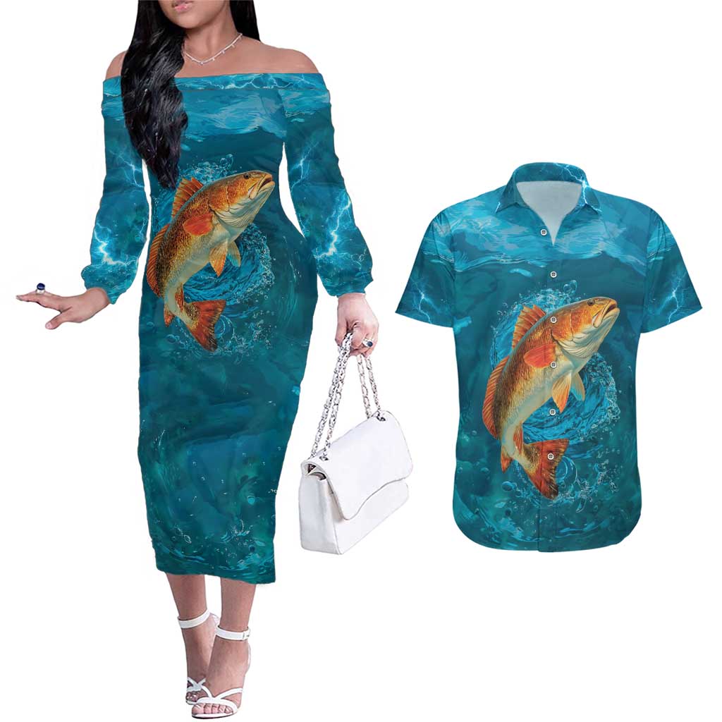 Personalized Redfish Puppy Drum Leaping in Ocean Splash Couples Matching Off The Shoulder Long Sleeve Dress and Hawaiian Shirt Blue Lightning Water Background Design - Wonder Print Shop