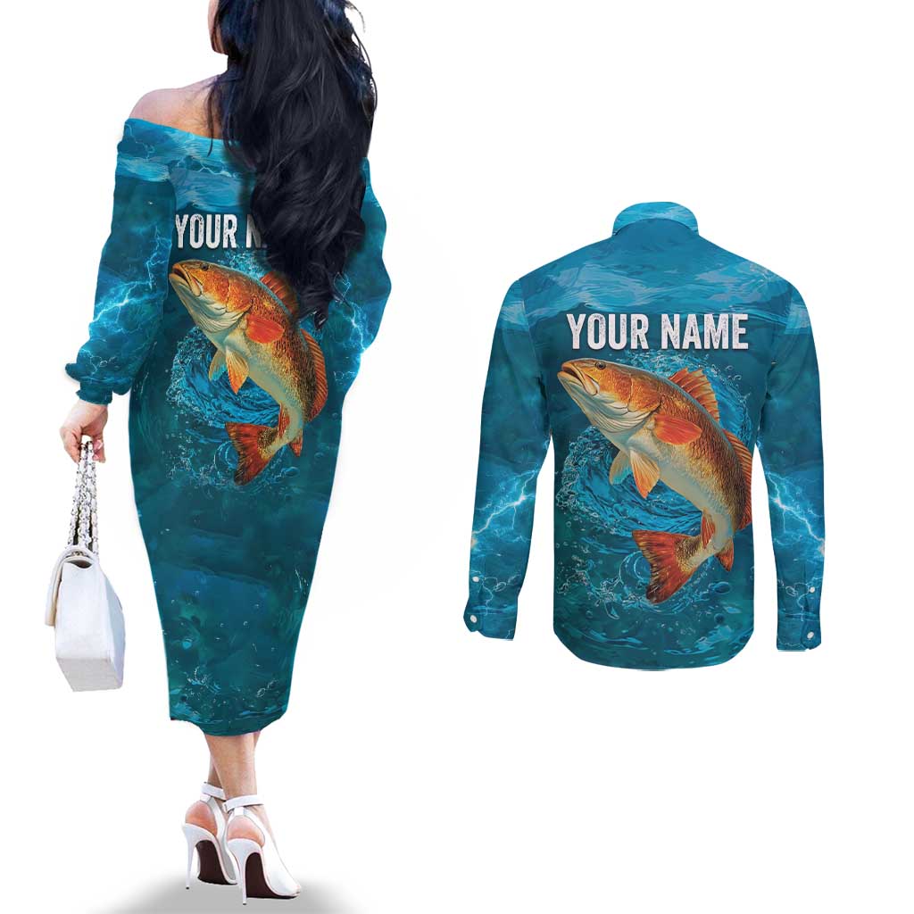 Personalized Redfish Puppy Drum Leaping in Ocean Splash Couples Matching Off The Shoulder Long Sleeve Dress and Long Sleeve Button Shirt Blue Lightning Water Background Design - Wonder Print Shop