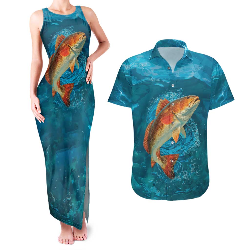 Personalized Redfish Puppy Drum Leaping in Ocean Splash Couples Matching Tank Maxi Dress and Hawaiian Shirt Blue Lightning Water Background Design - Wonder Print Shop