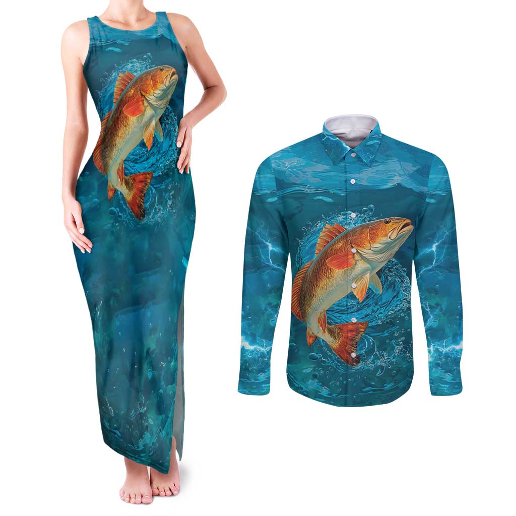 Personalized Redfish Puppy Drum Leaping in Ocean Splash Couples Matching Tank Maxi Dress and Long Sleeve Button Shirt Blue Lightning Water Background Design - Wonder Print Shop