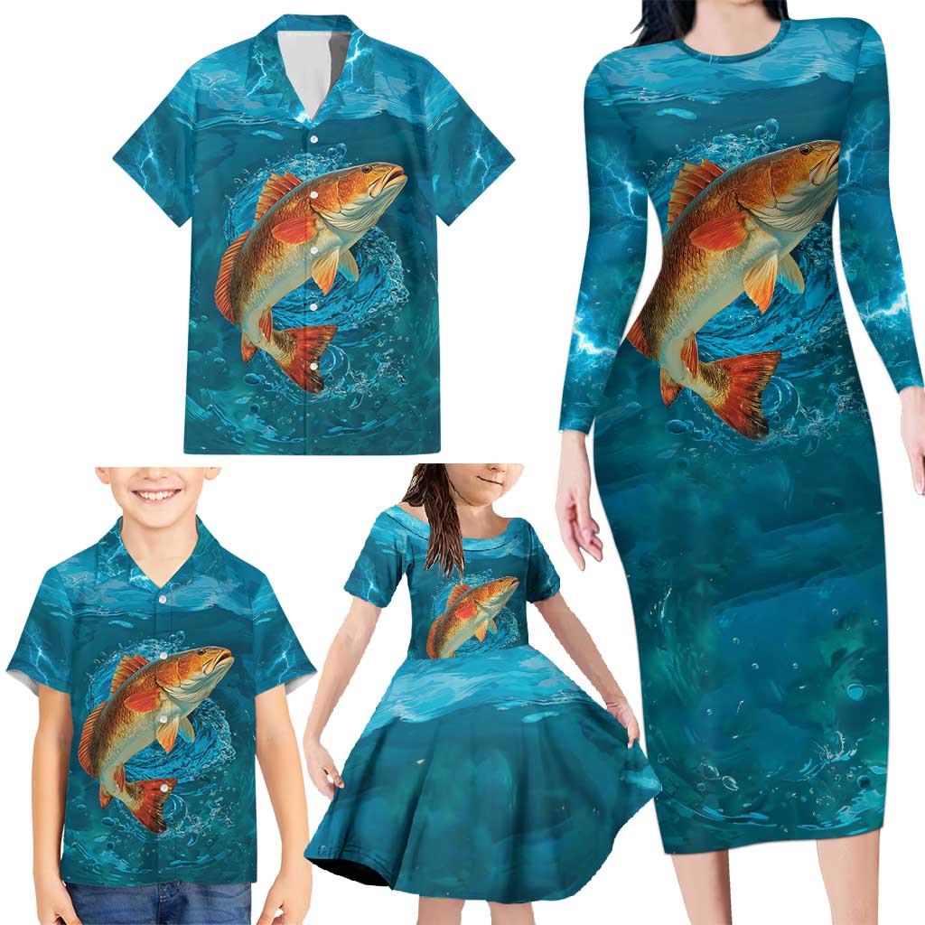 Personalized Redfish Puppy Drum Leaping in Ocean Splash Family Matching Long Sleeve Bodycon Dress and Hawaiian Shirt Blue Lightning Water Background Design - Wonder Print Shop