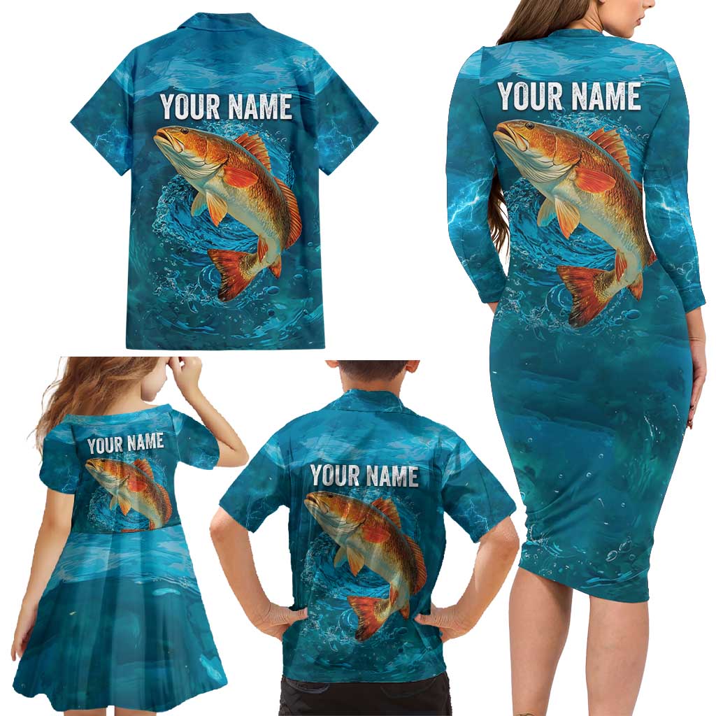 Personalized Redfish Puppy Drum Leaping in Ocean Splash Family Matching Long Sleeve Bodycon Dress and Hawaiian Shirt Blue Lightning Water Background Design - Wonder Print Shop