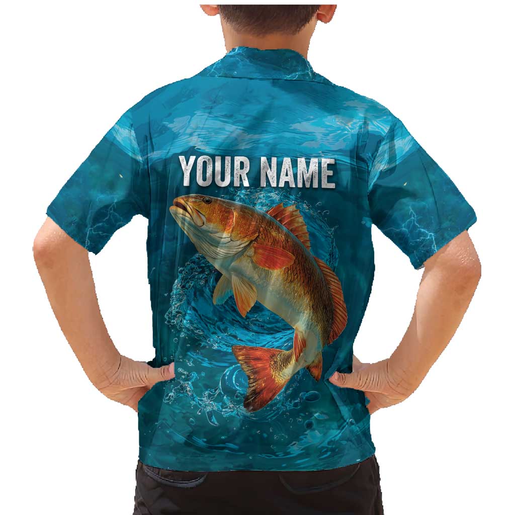 Personalized Redfish Puppy Drum Leaping in Ocean Splash Family Matching Mermaid Dress and Hawaiian Shirt Blue Lightning Water Background Design - Wonder Print Shop
