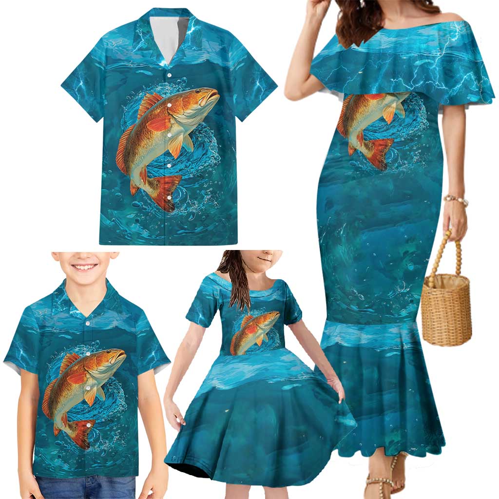 Personalized Redfish Puppy Drum Leaping in Ocean Splash Family Matching Mermaid Dress and Hawaiian Shirt Blue Lightning Water Background Design - Wonder Print Shop