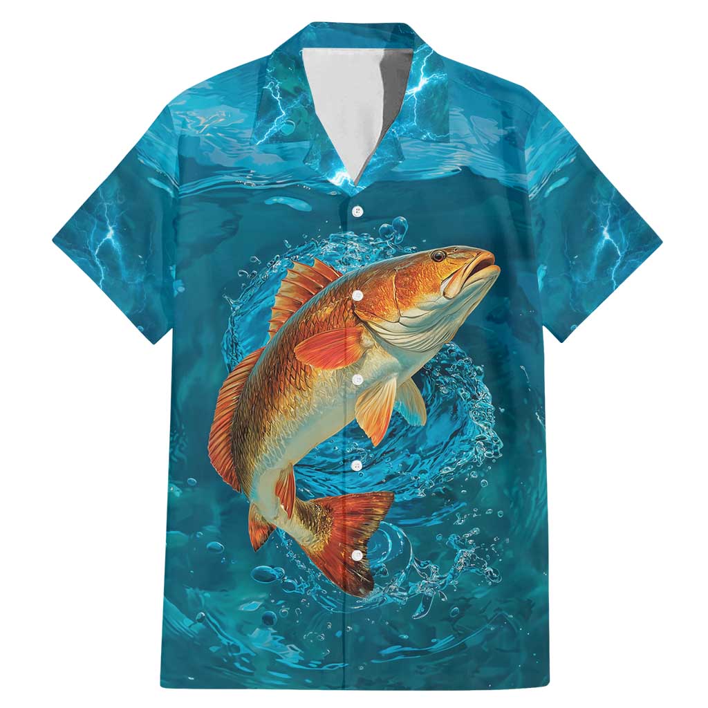 Personalized Redfish Puppy Drum Leaping in Ocean Splash Family Matching Mermaid Dress and Hawaiian Shirt Blue Lightning Water Background Design - Wonder Print Shop