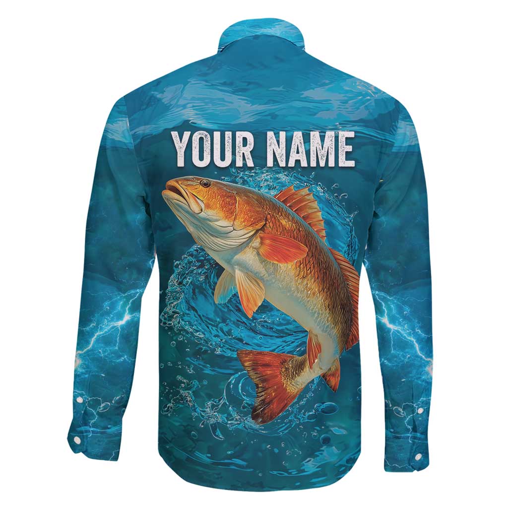 Personalized Redfish Puppy Drum Leaping in Ocean Splash Family Matching Mermaid Dress and Hawaiian Shirt Blue Lightning Water Background Design - Wonder Print Shop