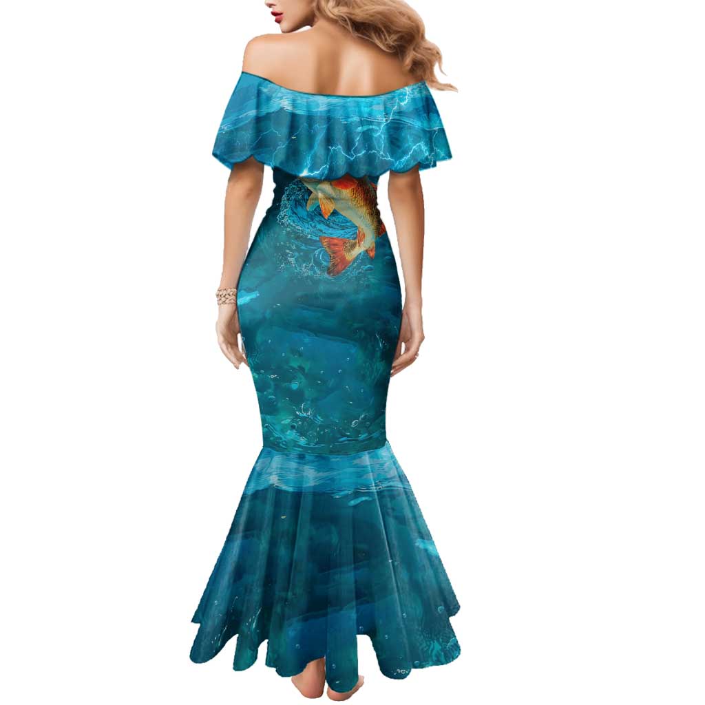 Personalized Redfish Puppy Drum Leaping in Ocean Splash Family Matching Mermaid Dress and Hawaiian Shirt Blue Lightning Water Background Design - Wonder Print Shop