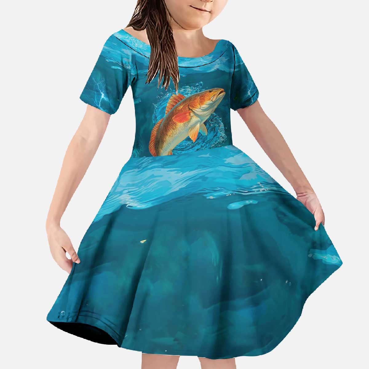 Personalized Redfish Puppy Drum Leaping in Ocean Splash Family Matching Off The Shoulder Long Sleeve Dress and Hawaiian Shirt Blue Lightning Water Background Design - Wonder Print Shop