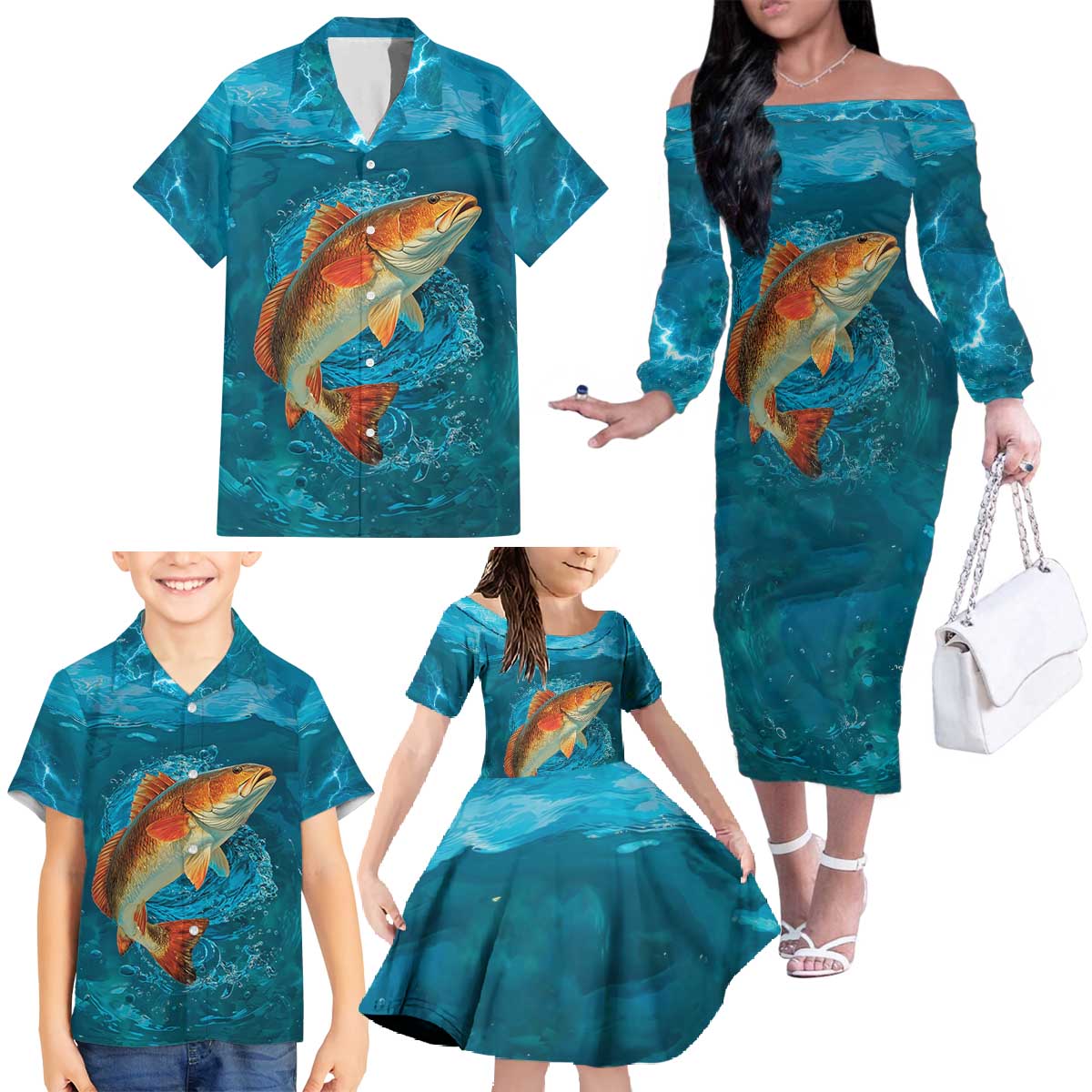 Personalized Redfish Puppy Drum Leaping in Ocean Splash Family Matching Off The Shoulder Long Sleeve Dress and Hawaiian Shirt Blue Lightning Water Background Design - Wonder Print Shop