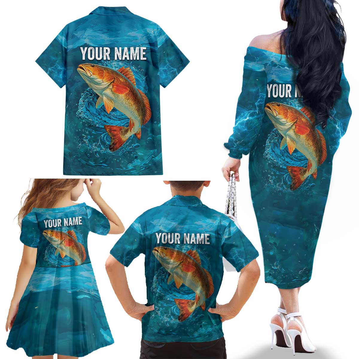 Personalized Redfish Puppy Drum Leaping in Ocean Splash Family Matching Off The Shoulder Long Sleeve Dress and Hawaiian Shirt Blue Lightning Water Background Design - Wonder Print Shop