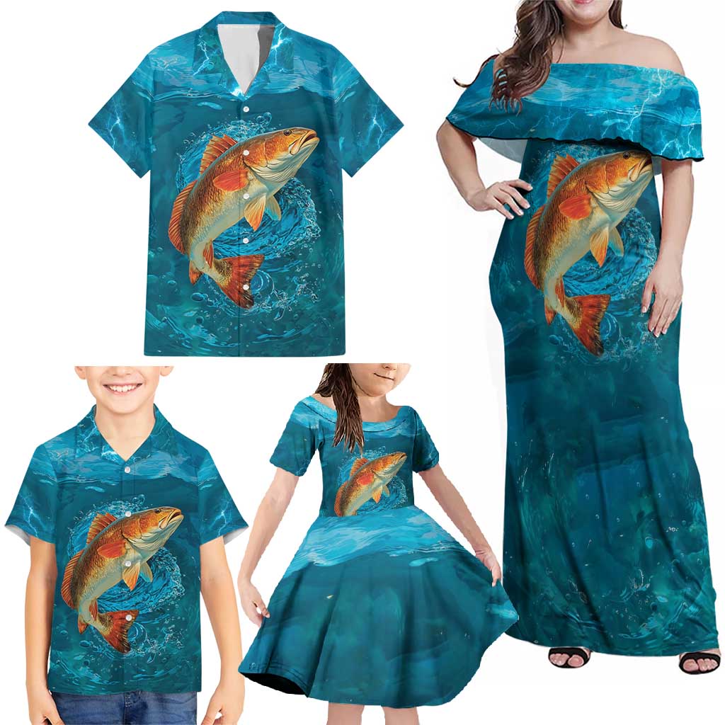 Personalized Redfish Puppy Drum Leaping in Ocean Splash Family Matching Off Shoulder Maxi Dress and Hawaiian Shirt Blue Lightning Water Background Design - Wonder Print Shop