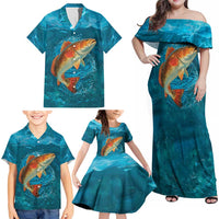 Personalized Redfish Puppy Drum Leaping in Ocean Splash Family Matching Off Shoulder Maxi Dress and Hawaiian Shirt Blue Lightning Water Background Design - Wonder Print Shop