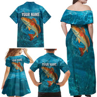 Personalized Redfish Puppy Drum Leaping in Ocean Splash Family Matching Off Shoulder Maxi Dress and Hawaiian Shirt Blue Lightning Water Background Design - Wonder Print Shop