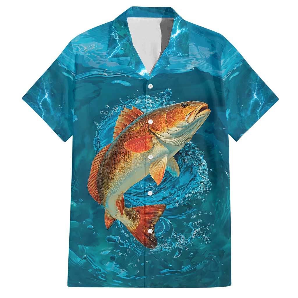 Personalized Redfish Puppy Drum Leaping in Ocean Splash Family Matching Off Shoulder Maxi Dress and Hawaiian Shirt Blue Lightning Water Background Design - Wonder Print Shop