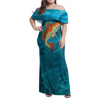 Personalized Redfish Puppy Drum Leaping in Ocean Splash Family Matching Off Shoulder Maxi Dress and Hawaiian Shirt Blue Lightning Water Background Design - Wonder Print Shop