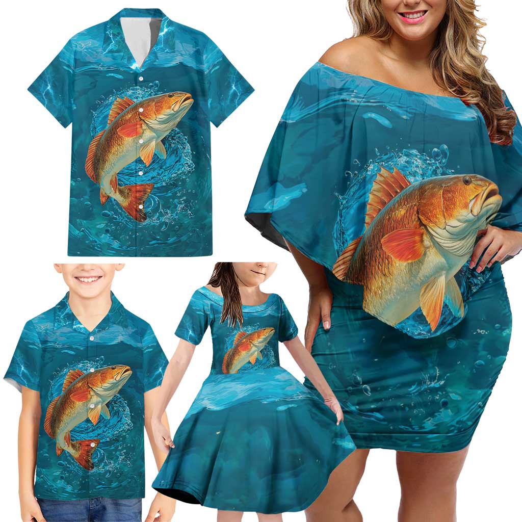 Personalized Redfish Puppy Drum Leaping in Ocean Splash Family Matching Off Shoulder Short Dress and Hawaiian Shirt Blue Lightning Water Background Design - Wonder Print Shop