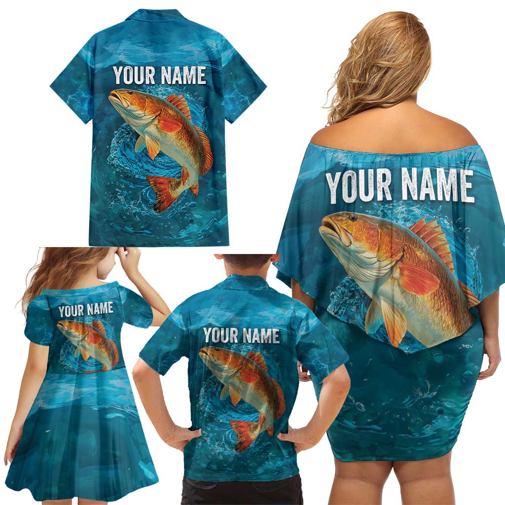 Personalized Redfish Puppy Drum Leaping in Ocean Splash Family Matching Off Shoulder Short Dress and Hawaiian Shirt Blue Lightning Water Background Design - Wonder Print Shop