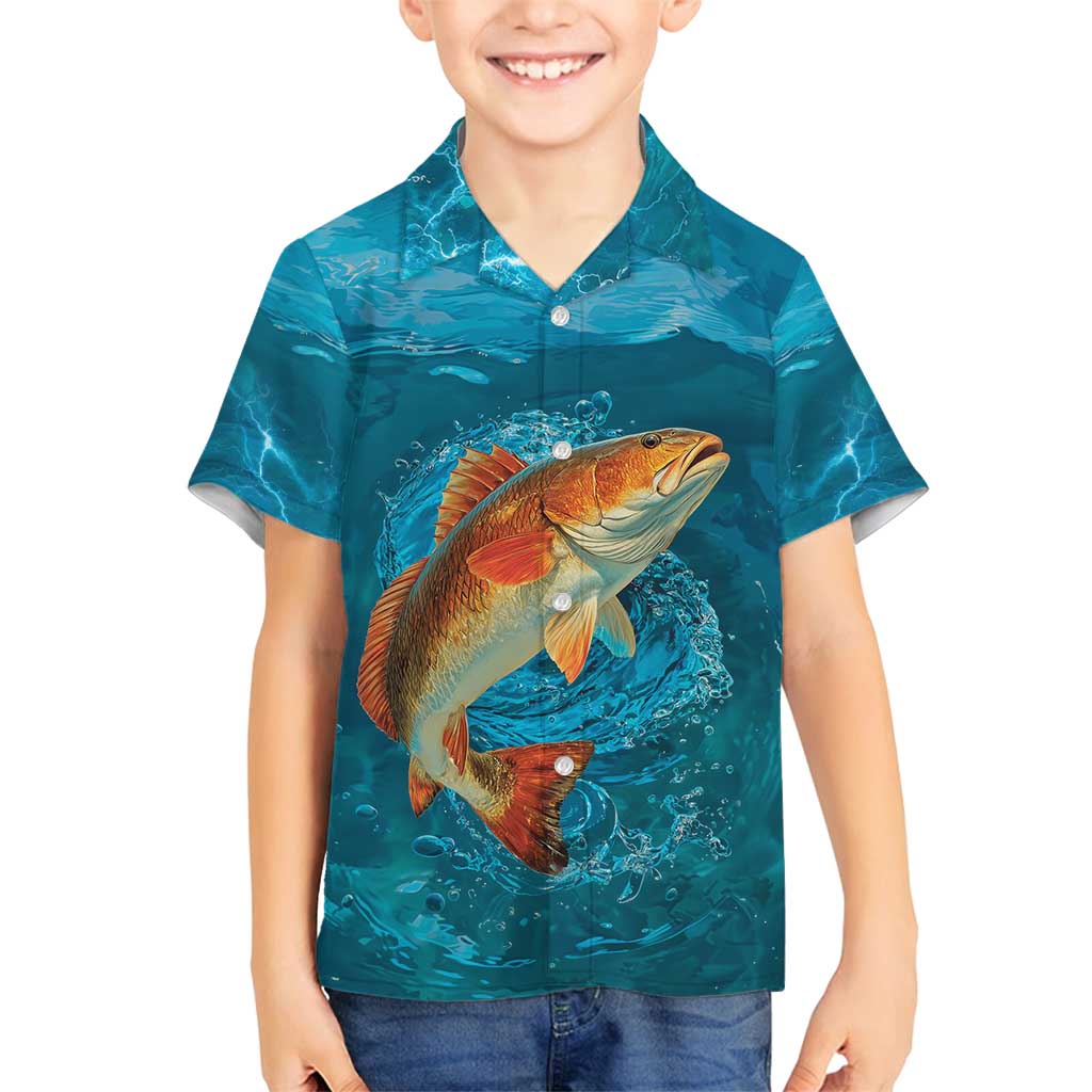 Personalized Redfish Puppy Drum Leaping in Ocean Splash Family Matching Puletasi and Hawaiian Shirt Blue Lightning Water Background Design - Wonder Print Shop