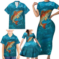 Personalized Redfish Puppy Drum Leaping in Ocean Splash Family Matching Short Sleeve Bodycon Dress and Hawaiian Shirt Blue Lightning Water Background Design - Wonder Print Shop