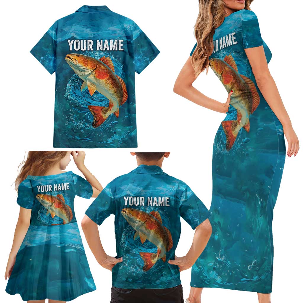 Personalized Redfish Puppy Drum Leaping in Ocean Splash Family Matching Short Sleeve Bodycon Dress and Hawaiian Shirt Blue Lightning Water Background Design - Wonder Print Shop