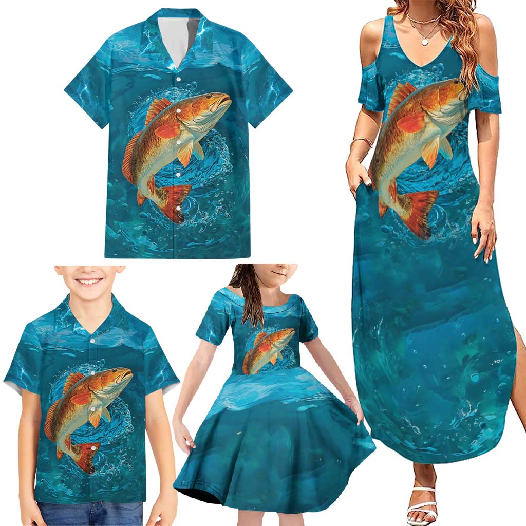 Personalized Redfish Puppy Drum Leaping in Ocean Splash Family Matching Summer Maxi Dress and Hawaiian Shirt Blue Lightning Water Background Design - Wonder Print Shop