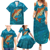 Personalized Redfish Puppy Drum Leaping in Ocean Splash Family Matching Summer Maxi Dress and Hawaiian Shirt Blue Lightning Water Background Design - Wonder Print Shop