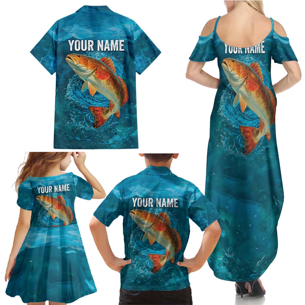 Personalized Redfish Puppy Drum Leaping in Ocean Splash Family Matching Summer Maxi Dress and Hawaiian Shirt Blue Lightning Water Background Design - Wonder Print Shop