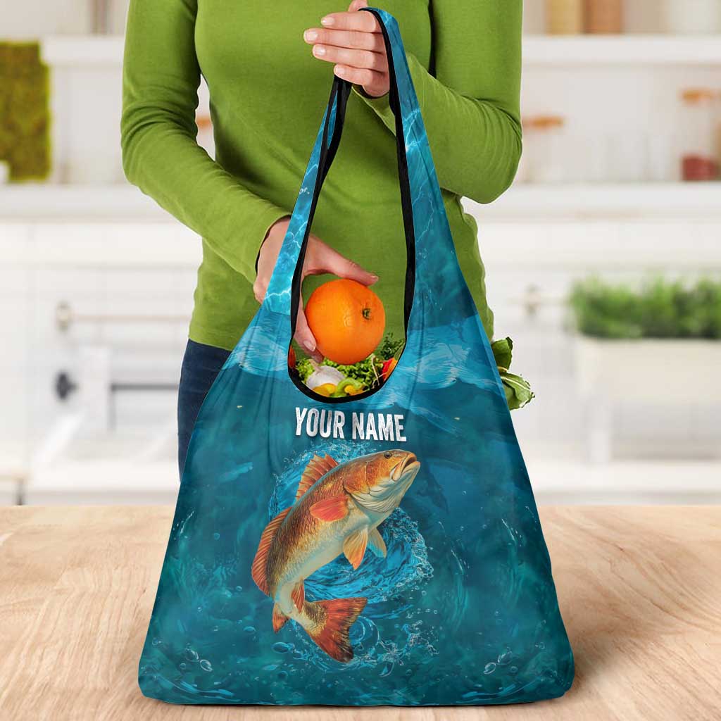 Personalized Redfish Puppy Drum Leaping in Ocean Splash Grocery Bag Blue Lightning Water Background Design - Wonder Print Shop