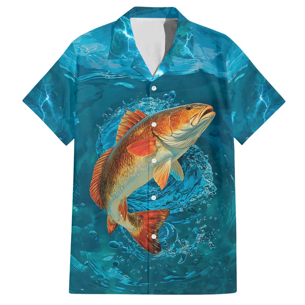 Personalized Redfish Puppy Drum Leaping in Ocean Splash Hawaiian Shirt Blue Lightning Water Background Design - Wonder Print Shop