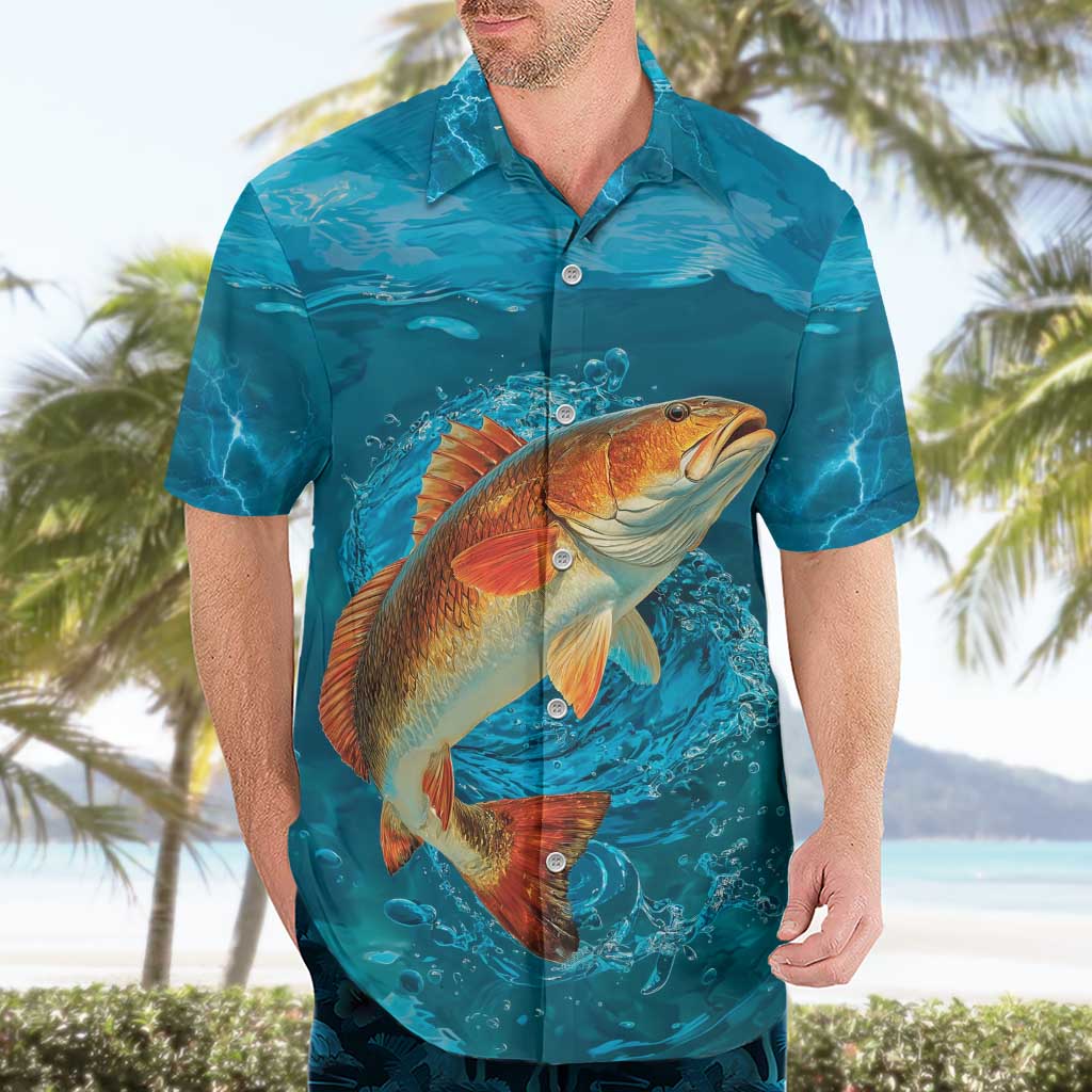 Personalized Redfish Puppy Drum Leaping in Ocean Splash Hawaiian Shirt Blue Lightning Water Background Design - Wonder Print Shop