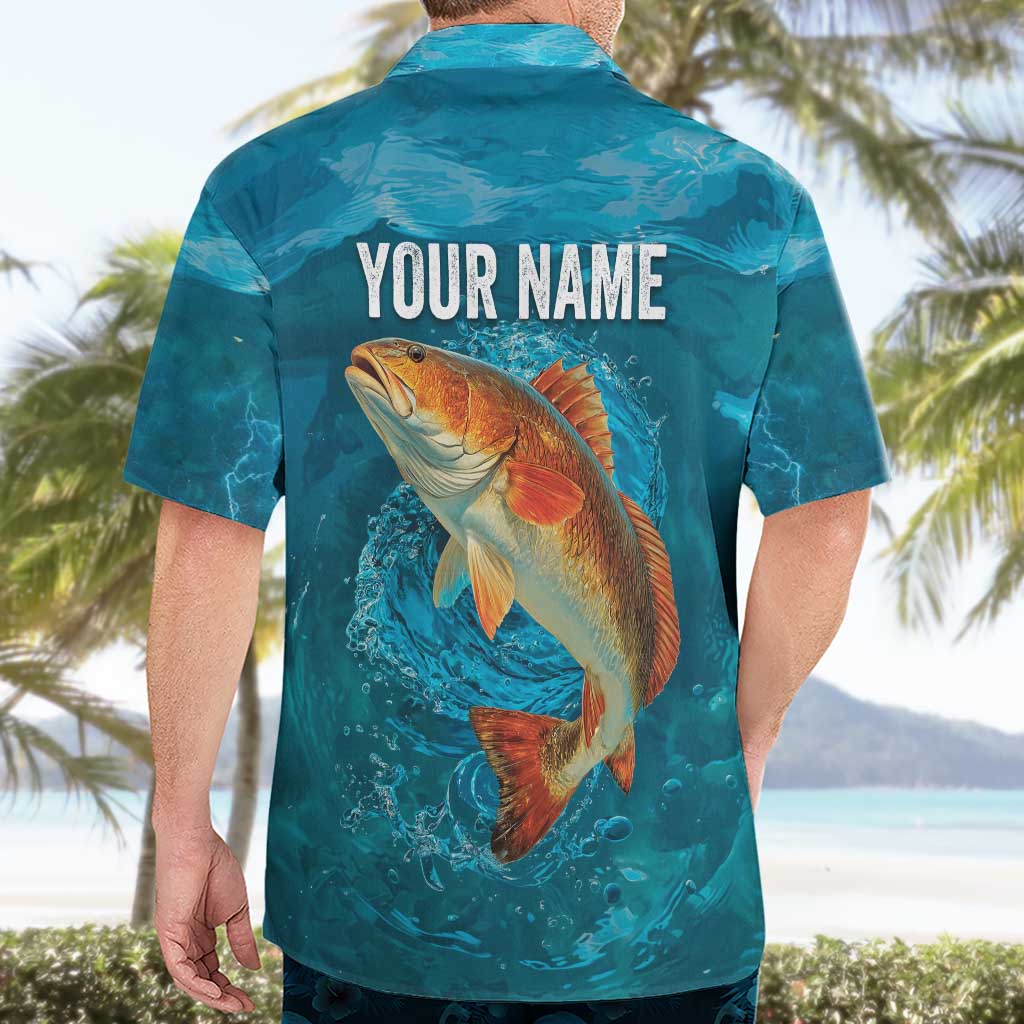 Personalized Redfish Puppy Drum Leaping in Ocean Splash Hawaiian Shirt Blue Lightning Water Background Design - Wonder Print Shop