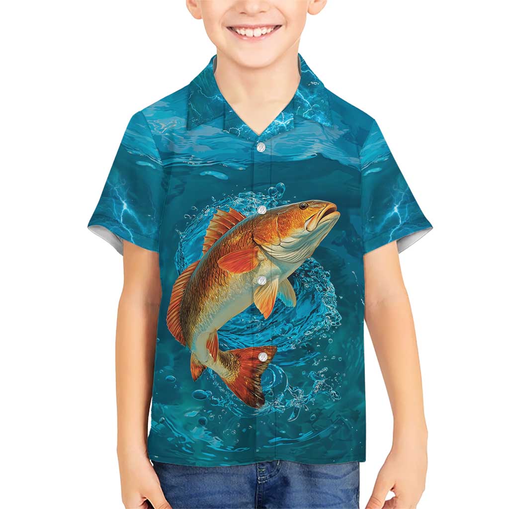 Personalized Redfish Puppy Drum Leaping in Ocean Splash Hawaiian Shirt Blue Lightning Water Background Design - Wonder Print Shop