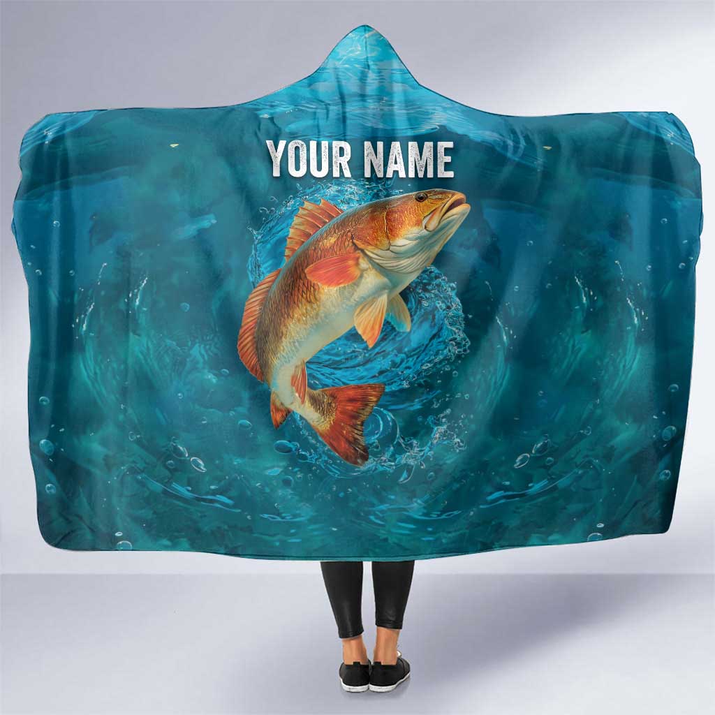 Personalized Redfish Puppy Drum Leaping in Ocean Splash Hooded Blanket Blue Lightning Water Background Design - Wonder Print Shop