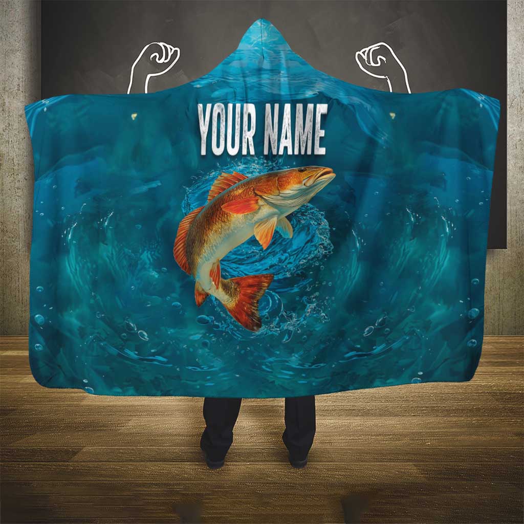 Personalized Redfish Puppy Drum Leaping in Ocean Splash Hooded Blanket Blue Lightning Water Background Design - Wonder Print Shop