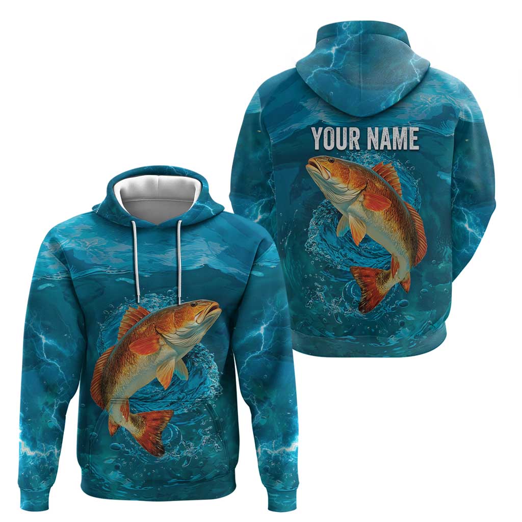 Personalized Redfish Puppy Drum Leaping in Ocean Splash Hoodie Blue Lightning Water Background Design - Wonder Print Shop