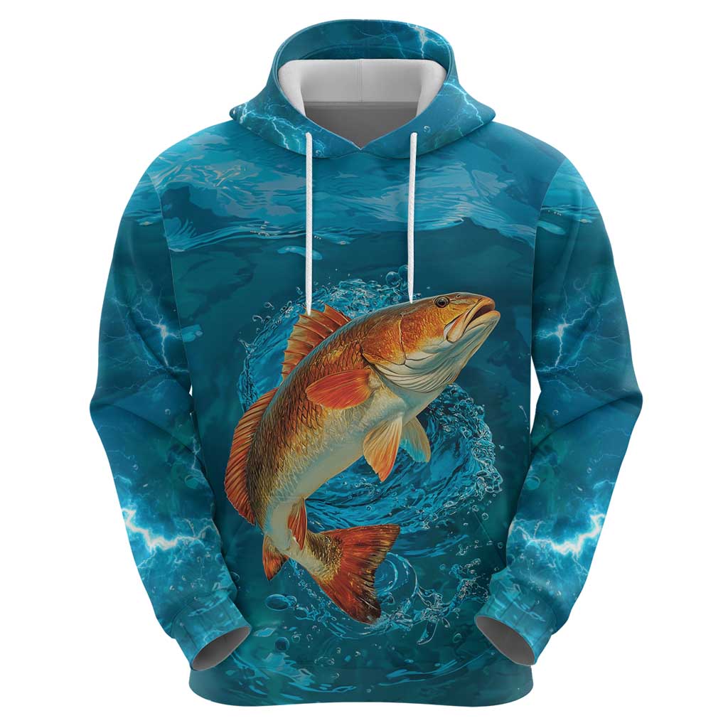 Personalized Redfish Puppy Drum Leaping in Ocean Splash Hoodie Blue Lightning Water Background Design - Wonder Print Shop